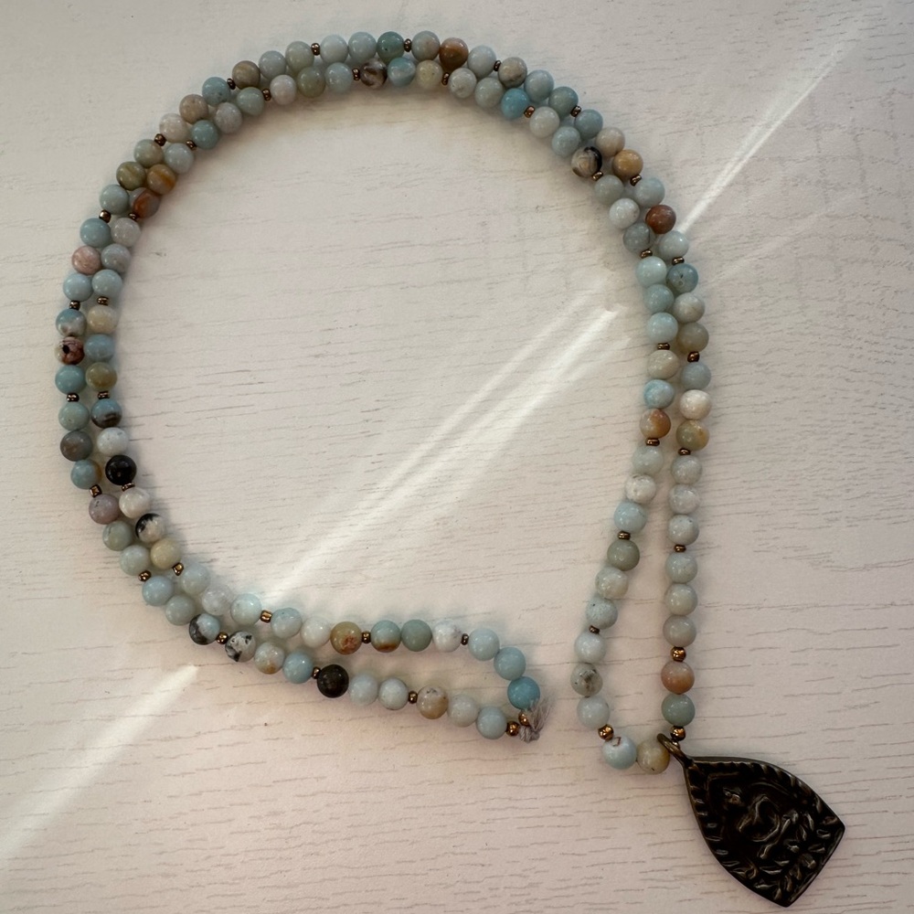 Amazonite Beaded Mala Necklace with Buddha Amulet